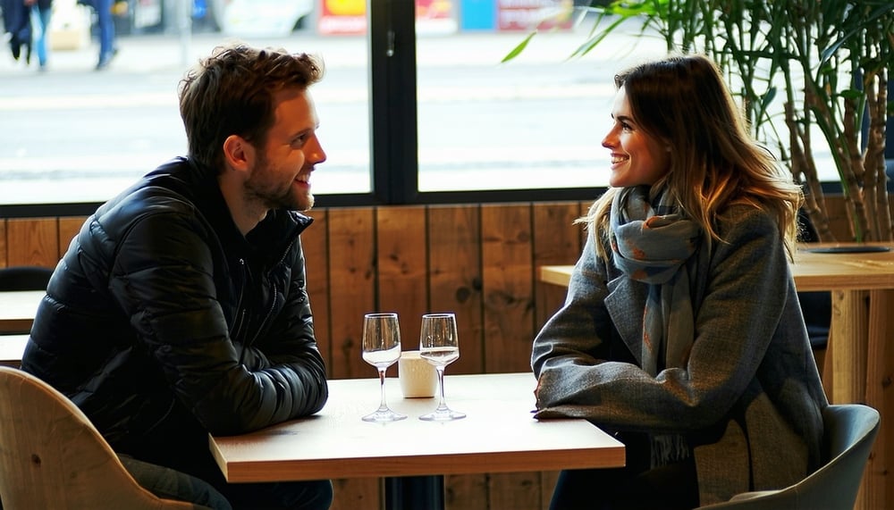 Two people meeting for a casual date in a relaxed setting Two people meeting for a casual date in a relaxed setting